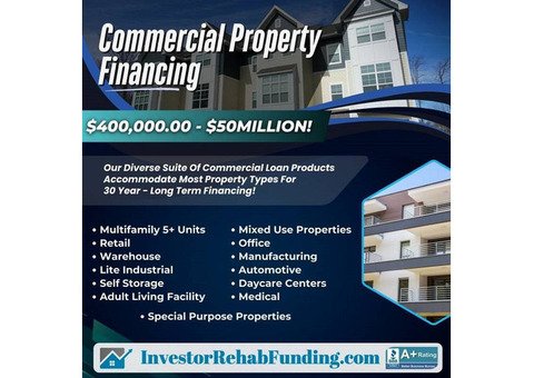 COMMERCIAL PROPERTY FINANCING – ALL TYPES - $ 400K to $50MILLION!