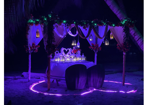 Romantic Beachside Candlelight Dinner With Decorated Canopy.