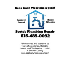 Got a leak? We’ll take a peek! Call Scott’s Plumbing Repair today!