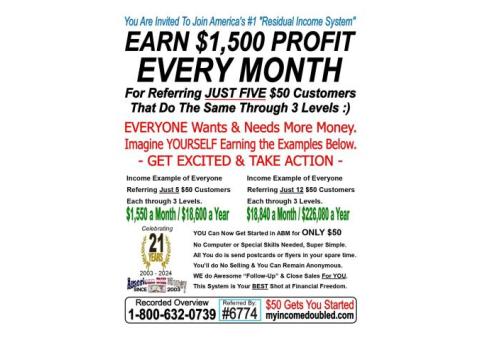 "Residual Income System" EARN $1,500 PROFIT EVERY MONTH